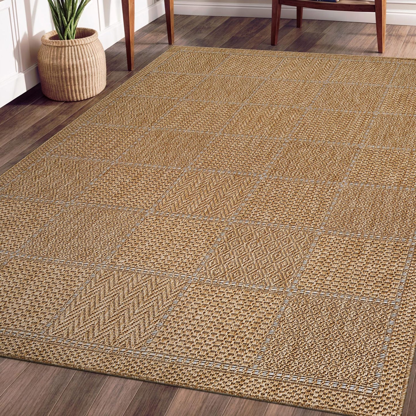 Beverly Rug Easy Jute Checkered Squared Rug 8x10 Washable Durable Indoor Outdoor Area Rugs for Living Dining Room Patio Office Stain Resistant Non Shedding Casual Indoor Outside Carpet 8 x 10 Natural