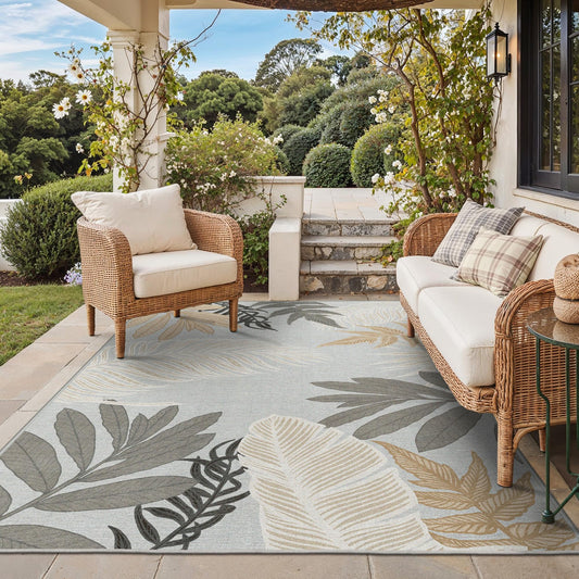 GENIMO Outdoor & Indoor Area Rug 5'x8', Waterproof, Non-Shedding, Easy Cleaning, Leaf Mat for Patio, Living Room, Balcony, Dining Room, RV, Deck, Bedroom, Camping, Outside Carpet, Sand Grey