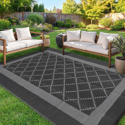 GAOMON Patio Rug 9x18 Waterproof Outdoor Plastic Straw Rug Reversible Camping Mat, Foldable Portable RV Picnic Carpet with Bag & 4 Stakes, UV Resistant Outside Carpet for Deck Balcony, Black&Grey