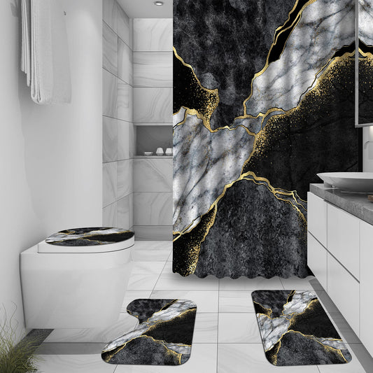 4 Pcs Marble Shower Curtain Sets, Gold Cracked Lines Crystal Geode Black Grey Bathroom Decor, Rug Toilet Lid Cover and Non-Slip U Shape Mat, Waterproof Polyester Shower Curtain with 12 Hooks, 72 x 72
