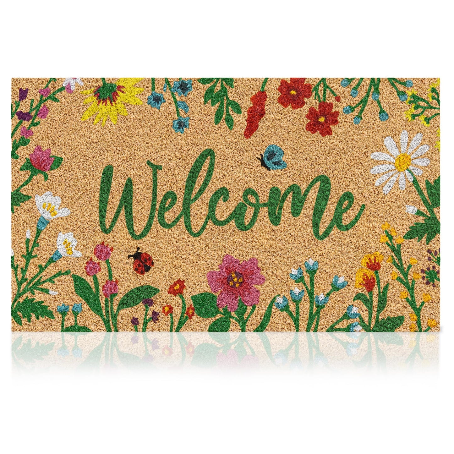 AMARU DOOR MATS - Coir Welcome Mat, Non-Slip, Floral, 17 x 29 in