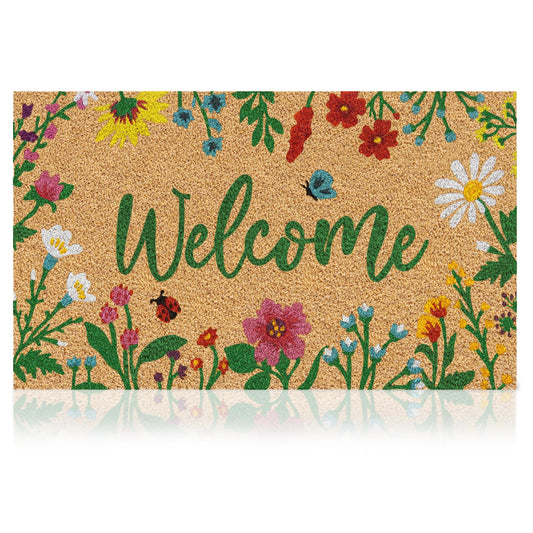 AMARU DOOR MATS - Coir Welcome Mat, Non-Slip, Floral, 17 x 29 in
