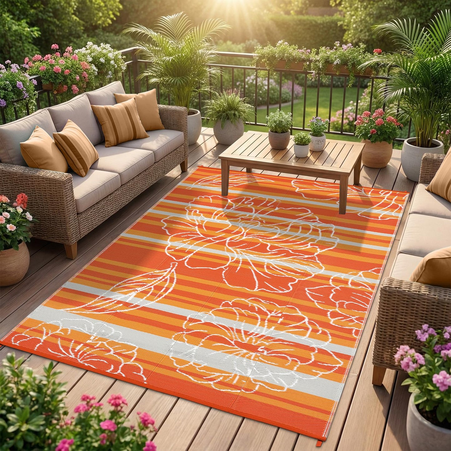 Garvee 5x8 Outdoor Waterproof Rug, Floral Outdoor Area Rug，Reversible Plastic Straw Patio Rug, Portable Camping Mat for RV, Picnic, Beach, Balcony, Garden & Camping Orange