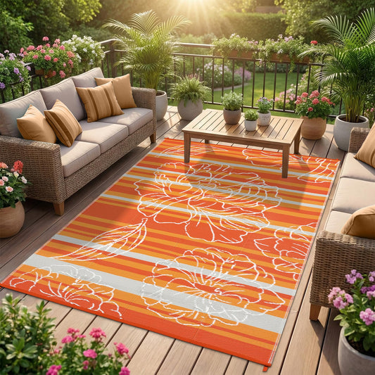 Garvee 5x8 Outdoor Waterproof Rug, Floral Outdoor Area Rug，Reversible Plastic Straw Patio Rug, Portable Camping Mat for RV, Picnic, Beach, Balcony, Garden & Camping Orange
