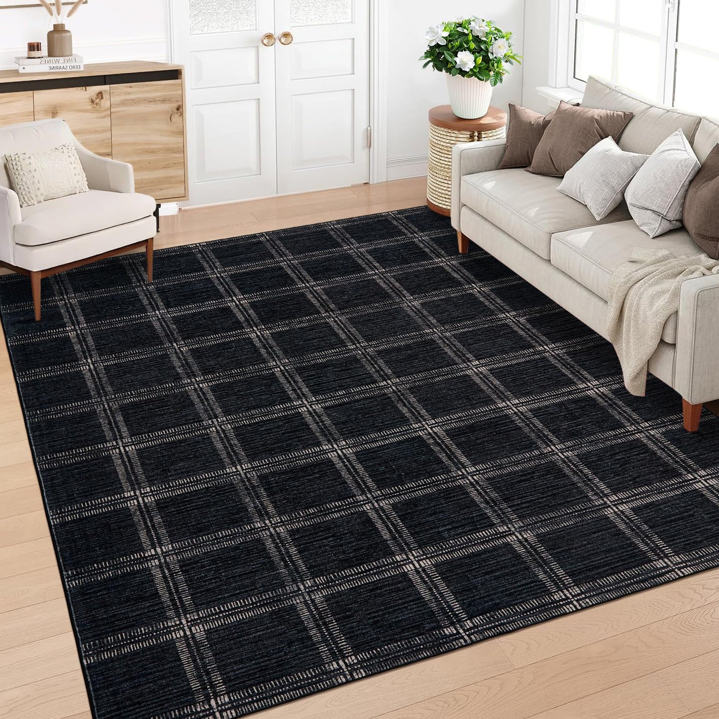 MilleLoom Washable Black Checkered 5x7 Area Rug, Ultra Thin Soft Non Slip Geometric Living Room Bedroom Rugs, Low Pile Stain Resistant Indoor Modern Throw Carpet for Dining Room Office