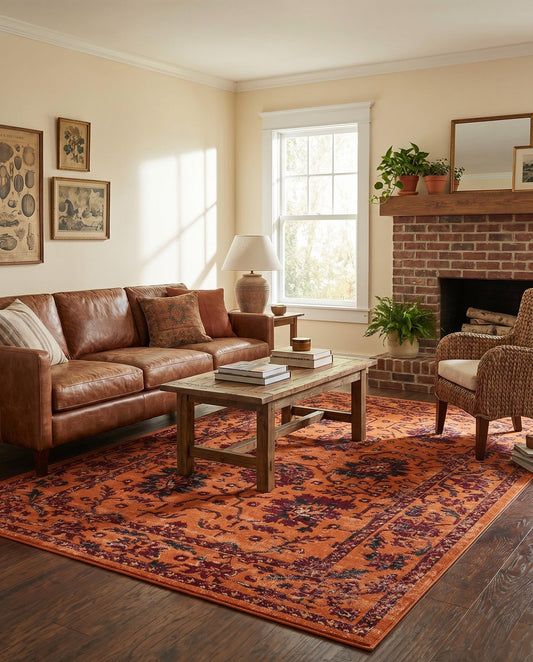 Rugs.com - Lucerne Rug – 5' 3 x 8' Orange Easy-Clean Area Rug – Vintage Floral Design, Old World Traditional Style for Living Rooms and Home Offices