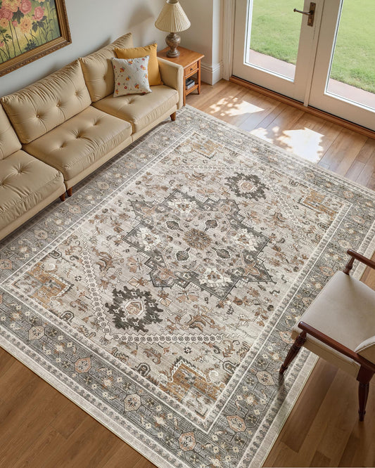 Micgeek 9x12 Vintage Area Rug: Washable Neutral Soft Non Slip Thin Large Floor Carpet for Living Room Bedroom Kitchen Dining Room Home Office Farmhouse Indoor - Taupe