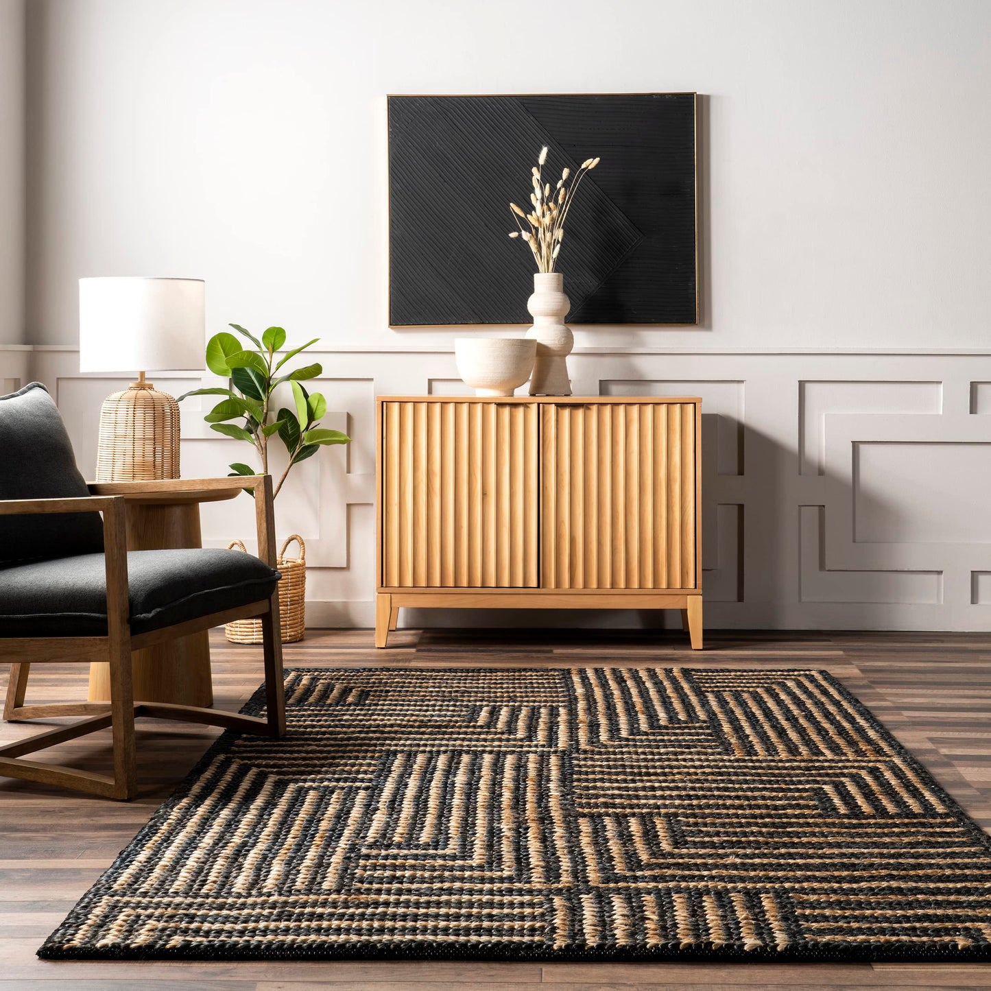 Rugs USA Liess Black/Natural, 9'6" x 13'6", Handmade, Geometric, Jute & Cotton, Soft and Textured, High Traffic, Stain Resistant, Easy Clean, Durable Area Rug for Bedroom, Living Room, Dining, Foyer