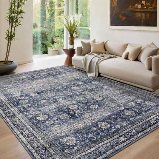 GarveeHome Area Rugs 4x6 Vintage Printed Floor Carpet with Non-Slip Backing, Stain-Resistant Oriental Throw Rugs, Washable Farmhouse Low Pile Rugs for Living Room, Bedroom, Office, Blue