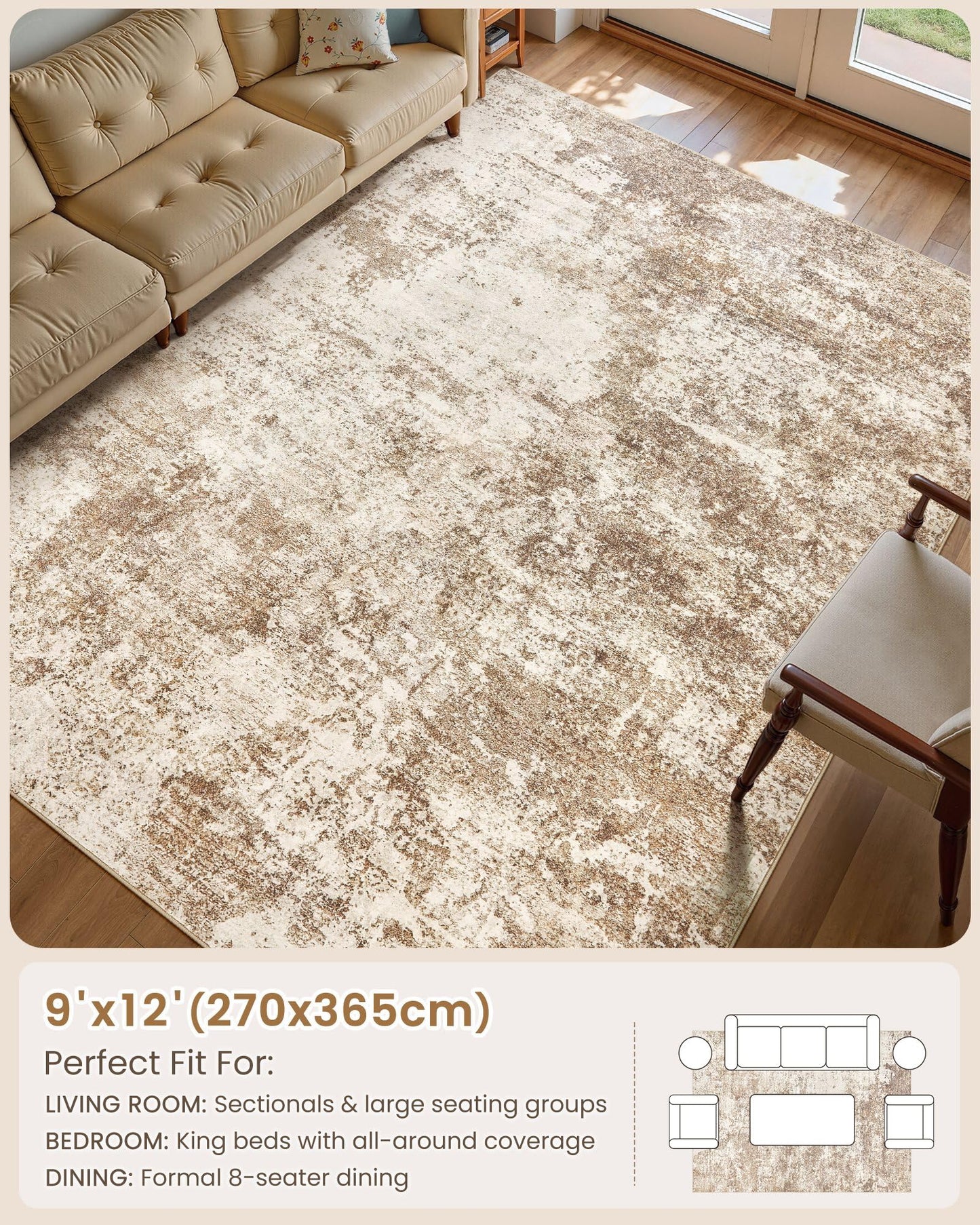 Micgeek Area Rug Living Room - 9X12 Abstract Washable Large Soft Foldable Non Slip Rug Neutral Modern Low Pile Carpet for Bedroom Nursery Dining Room Farmhouse Home Office Indoor - Brown