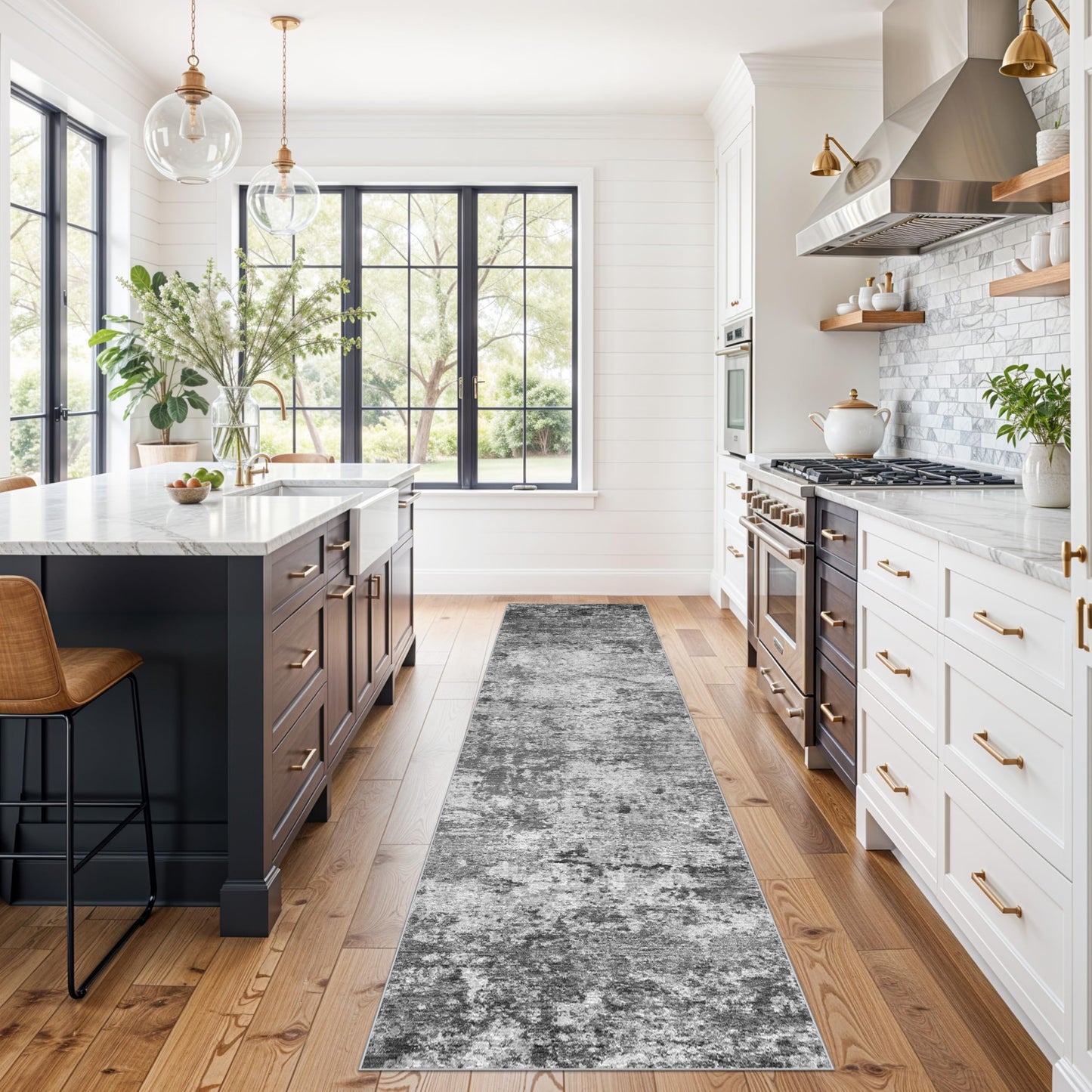 Washable Kitchen 2x10 Runner Rug: Non-Slip Low Pile Hallway Runner Modern Abstract 10ft Long Rugs for Entryway Living Room Soft Thin Stain Resistant Carpet for Bedroom Bathroom(Black/Grey/White, 2X10)