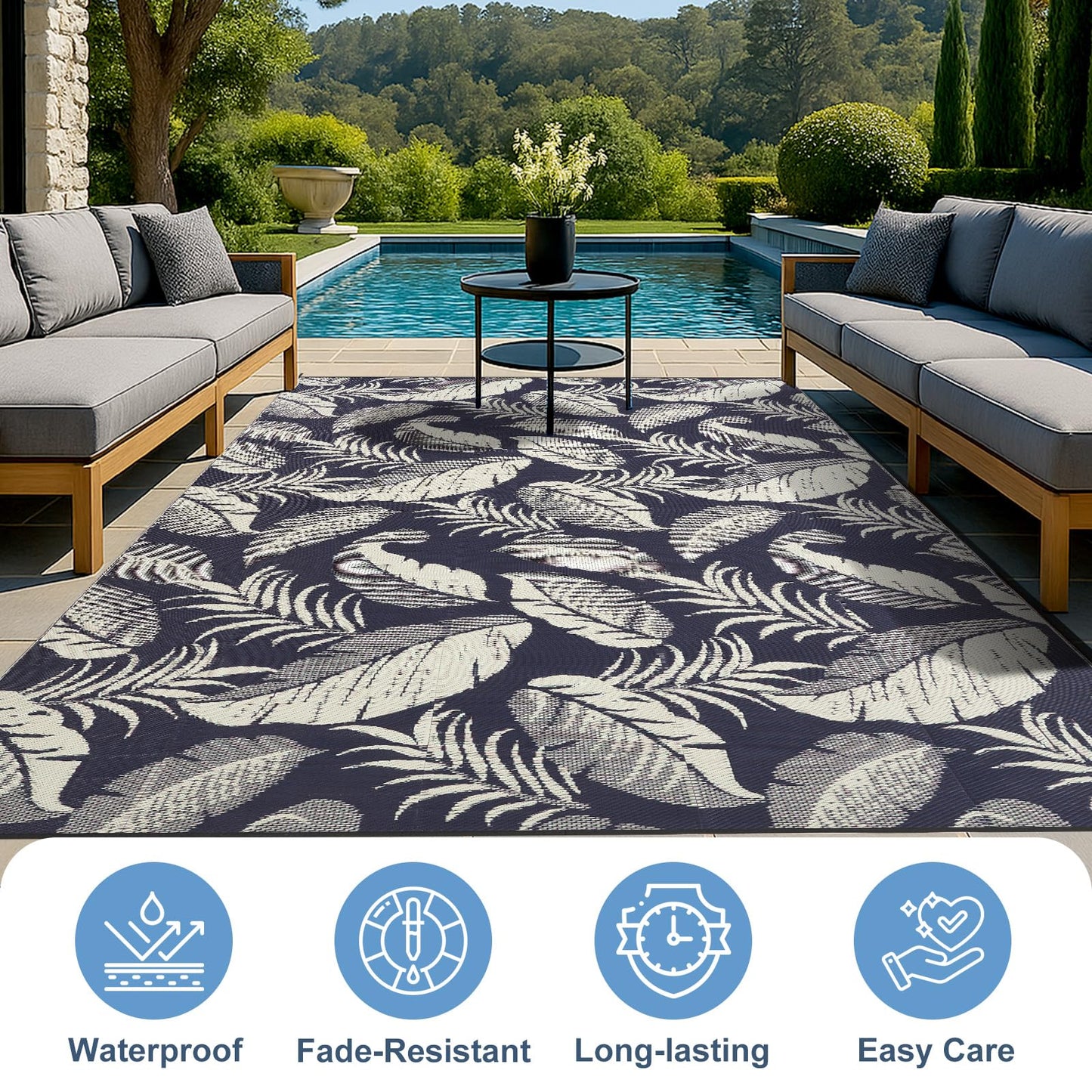 OPPODREAM Reversible Outdoor Rug 8x10, Waterproof Outdoor Plastic Straw Rug for Patio, Tropical Leaf RV Camping Rugs for Outside, Deck, Balcony, Porch, Backyard, Camping, Rv, Navy and Beige