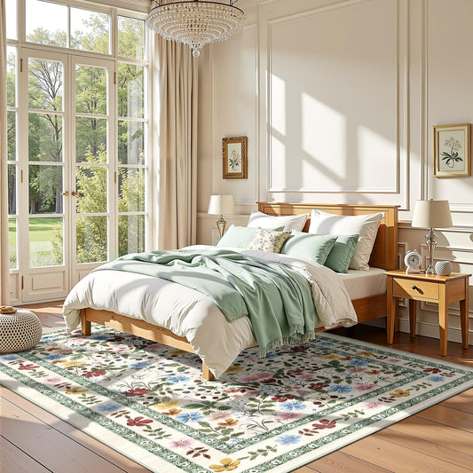 Deerly Floral Area Rugs 5x7 Vintage Boho Washable Non-Slip Living Room Carpet Soft Low Pile Colorful Thin Bedroom Floor Mat Indoor for Dining Room Playroom Nursery Farmhouse, Beige/Green/Multi
