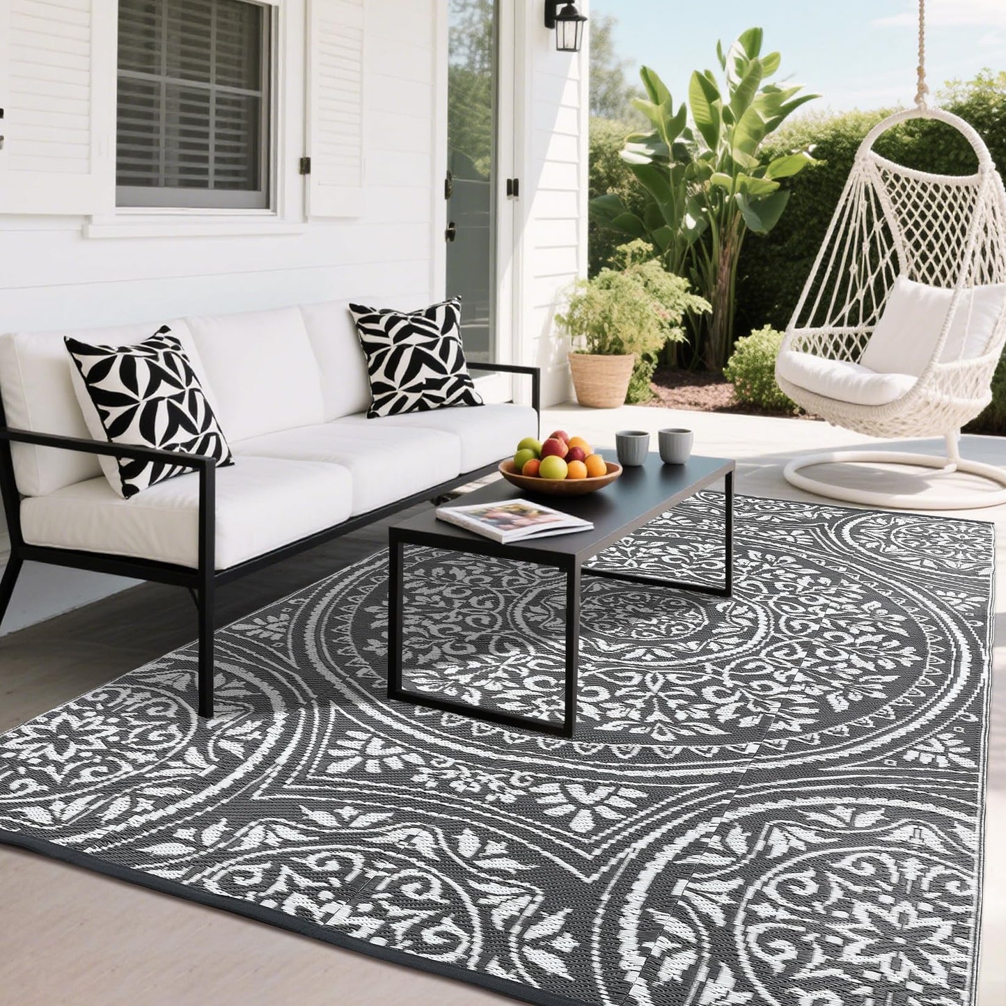 GarveeHome Large Waterproof Outdoor Rug 9x18 Reversible Floral Plastic Straw Rug, Durable UV Resistant Outdoor Carpet, Portable RV Camper Picnic Mat with Stakes & Carry Bag for Yard Poolside, Grey