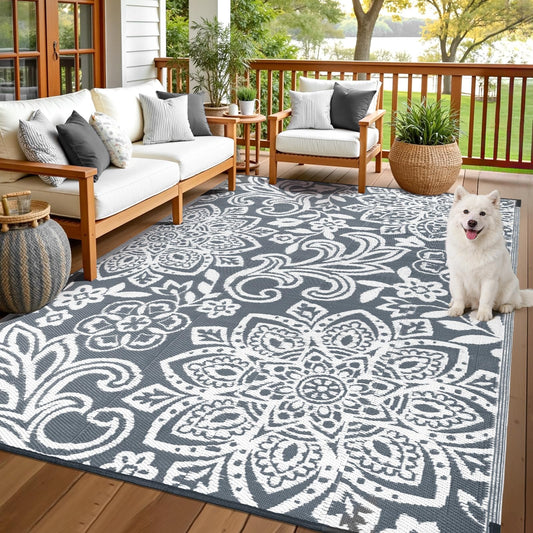 Findosom Waterproof Outdoor Rug 6' x 9' - Reversible Mandala Outdoor Plastic Straw Rug, Durable Foldable Patio Rug for RV, Deck, Balcony, Backyard, Picnic, Porch, Camping, Beach, Gray