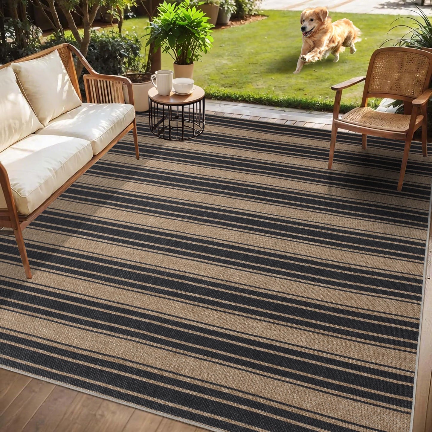 Striped Easy Jute Rug 5x7 Outdoor Patio Rug Washable Rugs for Living Room Bedroom Non Slip Non Shedding Neutral Farmhouse Indoor Outdoor Carpet for Backyard Patio Office