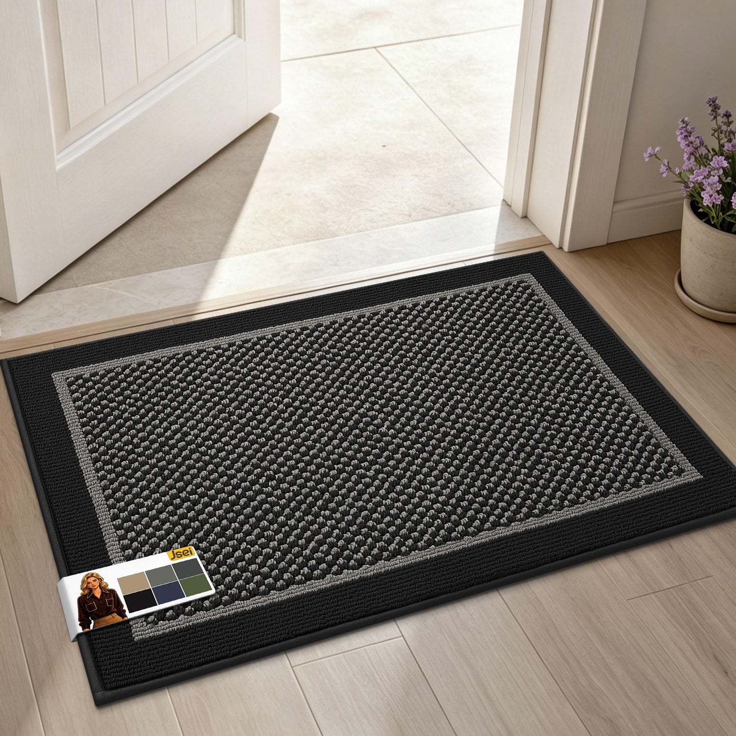 JSEI Dirt Trapper Door Mat 20"x32", Non-Slip Washable Doormats Entryway Rugs, Resist Dirt Absorbent Welcome Mat, Low Profile Floor Mats for Front Back Door and Entrance, Black