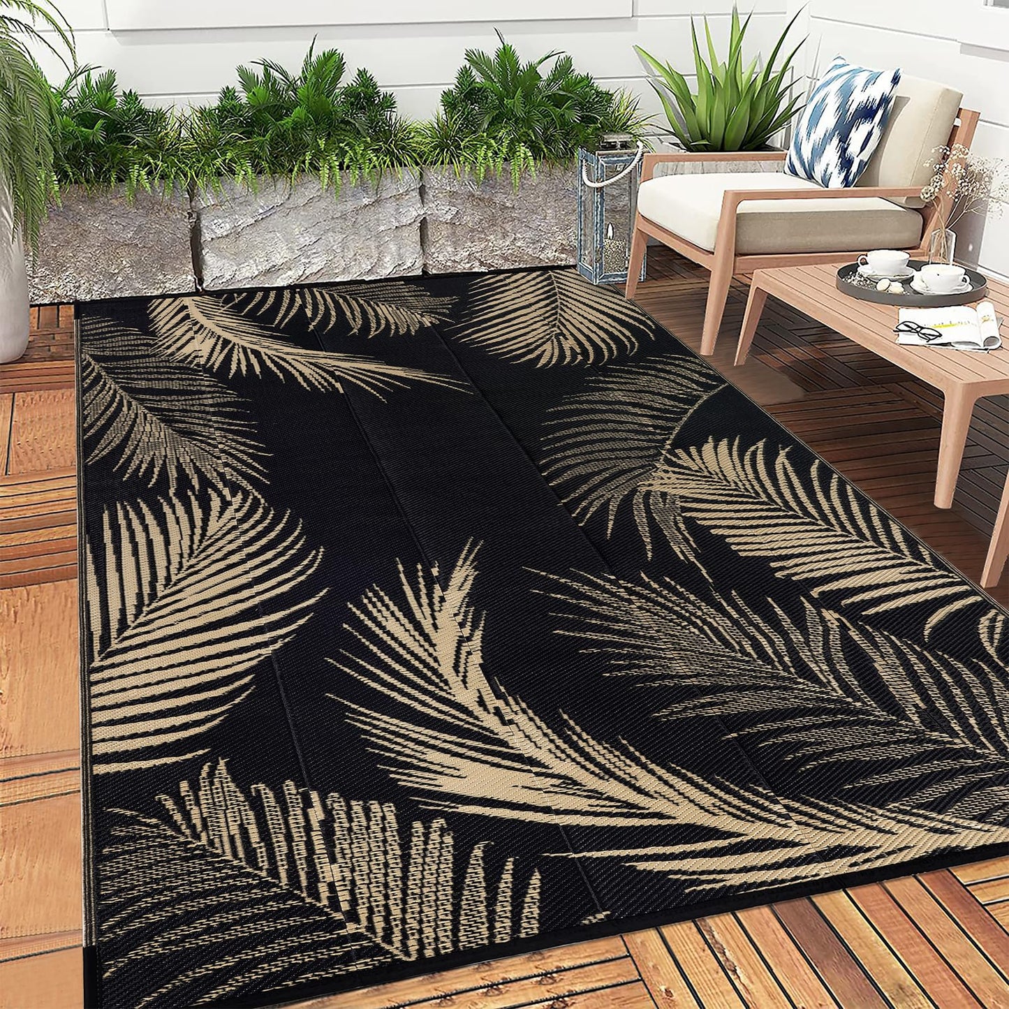 Pauwer Waterproof Outdoor Rug 6x9, Reversible Plastic Straw Patio Camping Rug, Indoor Outdoor RV Mat Carpet for Deck, Camper, Porch, Balcony, Backyard, Picnic, Leaf Black Brown