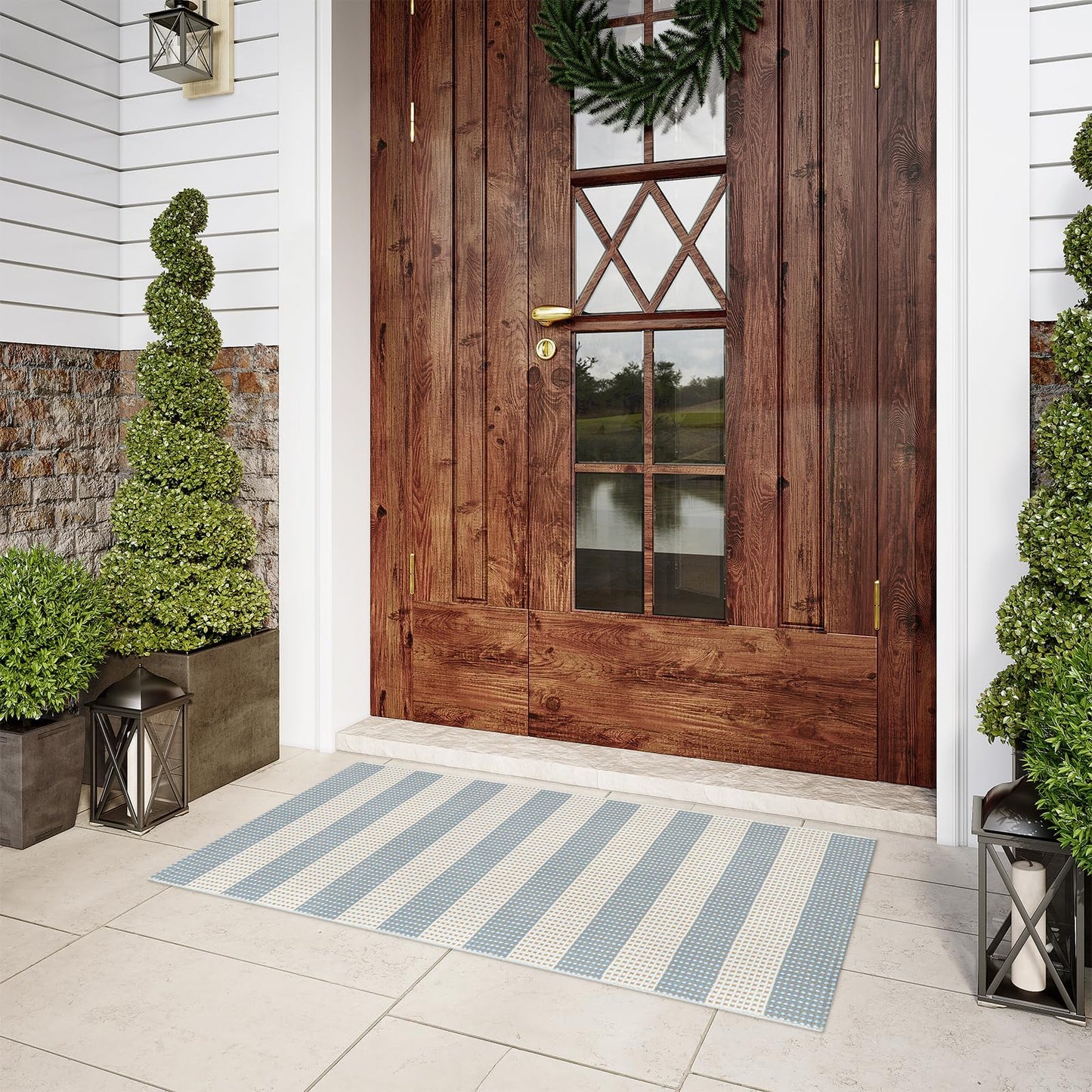 LEEVAN Outdoor Porch Rug 2x4.3, Washable Front Door Mat, Welcome Mat Outside Entrance, Blue White and Tan Striped Outdoor Entryway Rug, Farmhouse Buffalo Plaid Porch Layered Doormats Entry