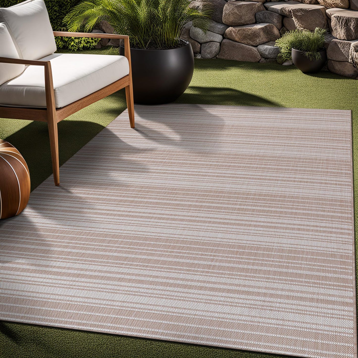 Luul Home Stripe Outdoor Rug 6x9 Washable Outside Carpet for Indoor Patio Porch Waterproof Easy Cleaning Non Shedding Area Rugs Beige 6 x 9