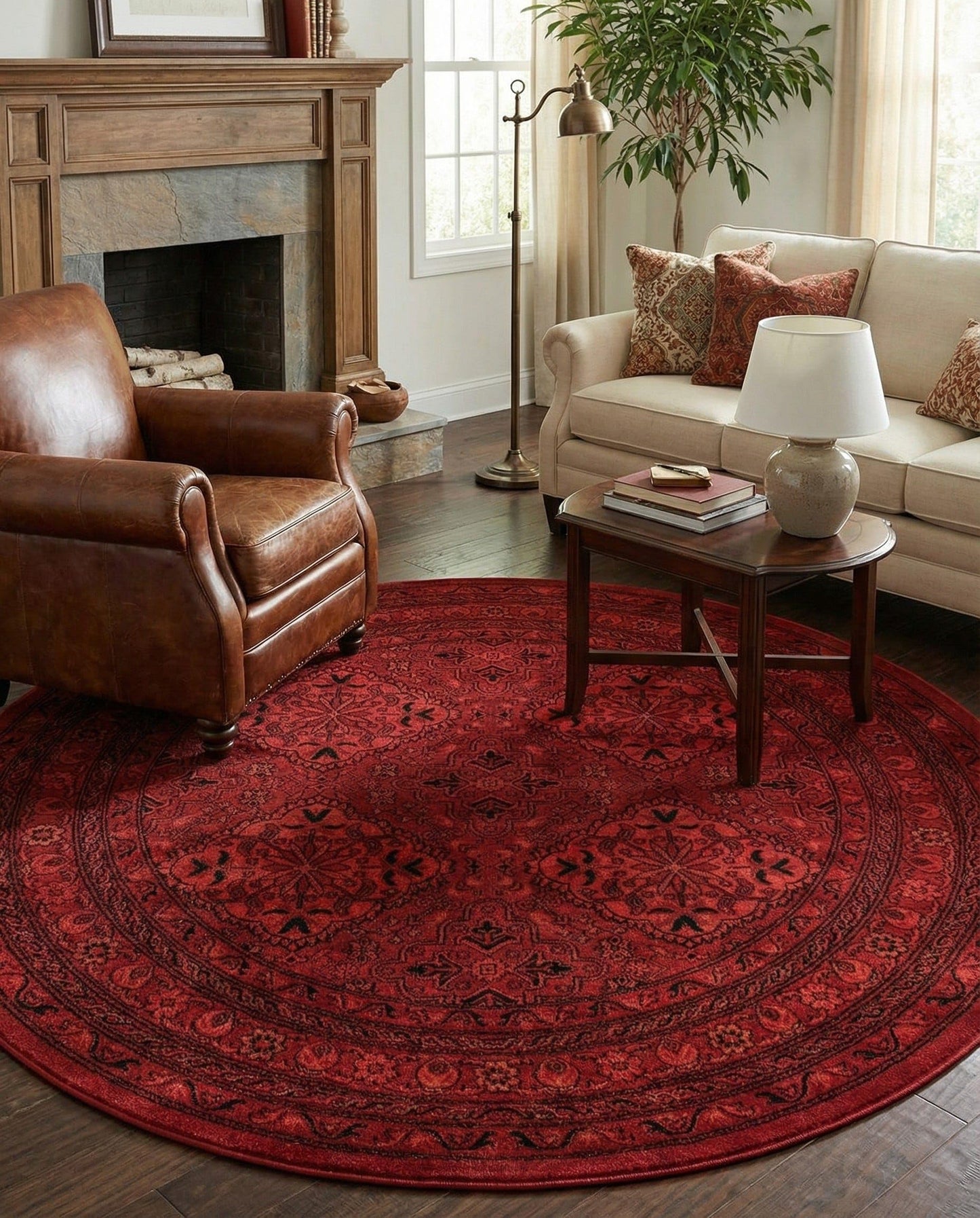 Rugs.com Bokhara Collection Rug – 5 Ft Round Red Medium-Pile Rug Perfect for Kitchens, Dining Rooms