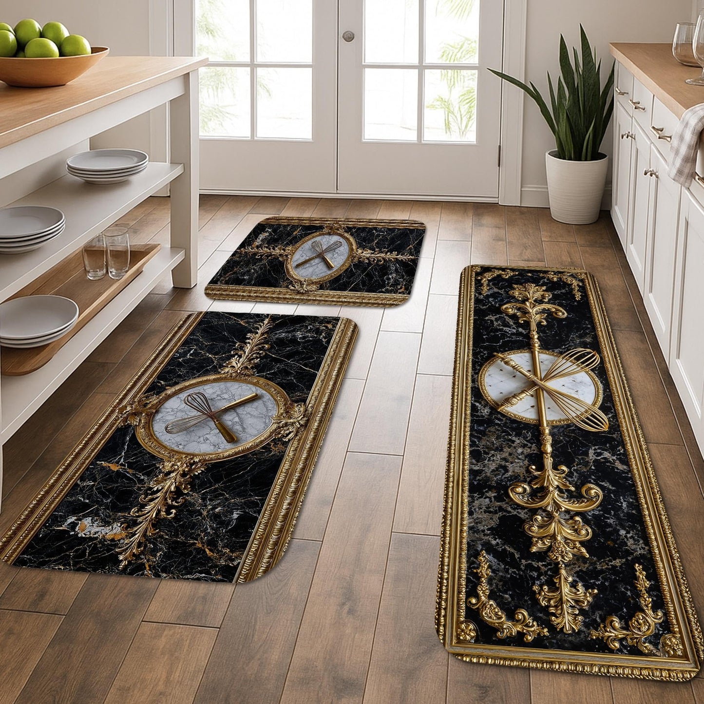 Elegant Kitchen Mats for Floor, Black Marble and Gold Ornate Design Soft Cushioned Non Slip Decor Rugs for Kitchen Sink and Laundry Room 3Pcs