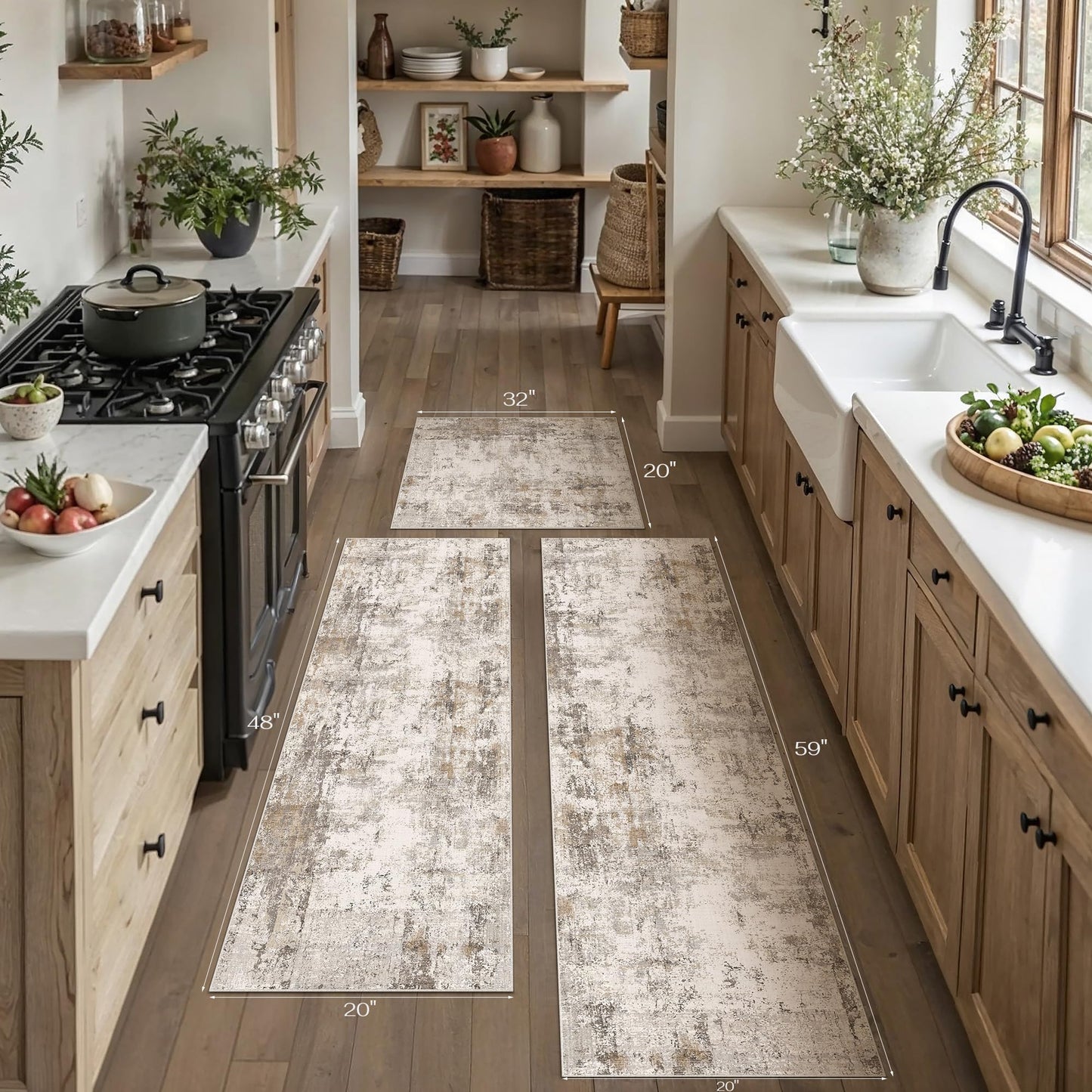 WondRg Kitchen Rug Set of 3 Washable Brown Grey Abstract Kitchen Mats for Floor Non-Slip Kitchen Runner Rug Soft Low Pile for for Bathroom Laundry Hallway Sink Entryway
