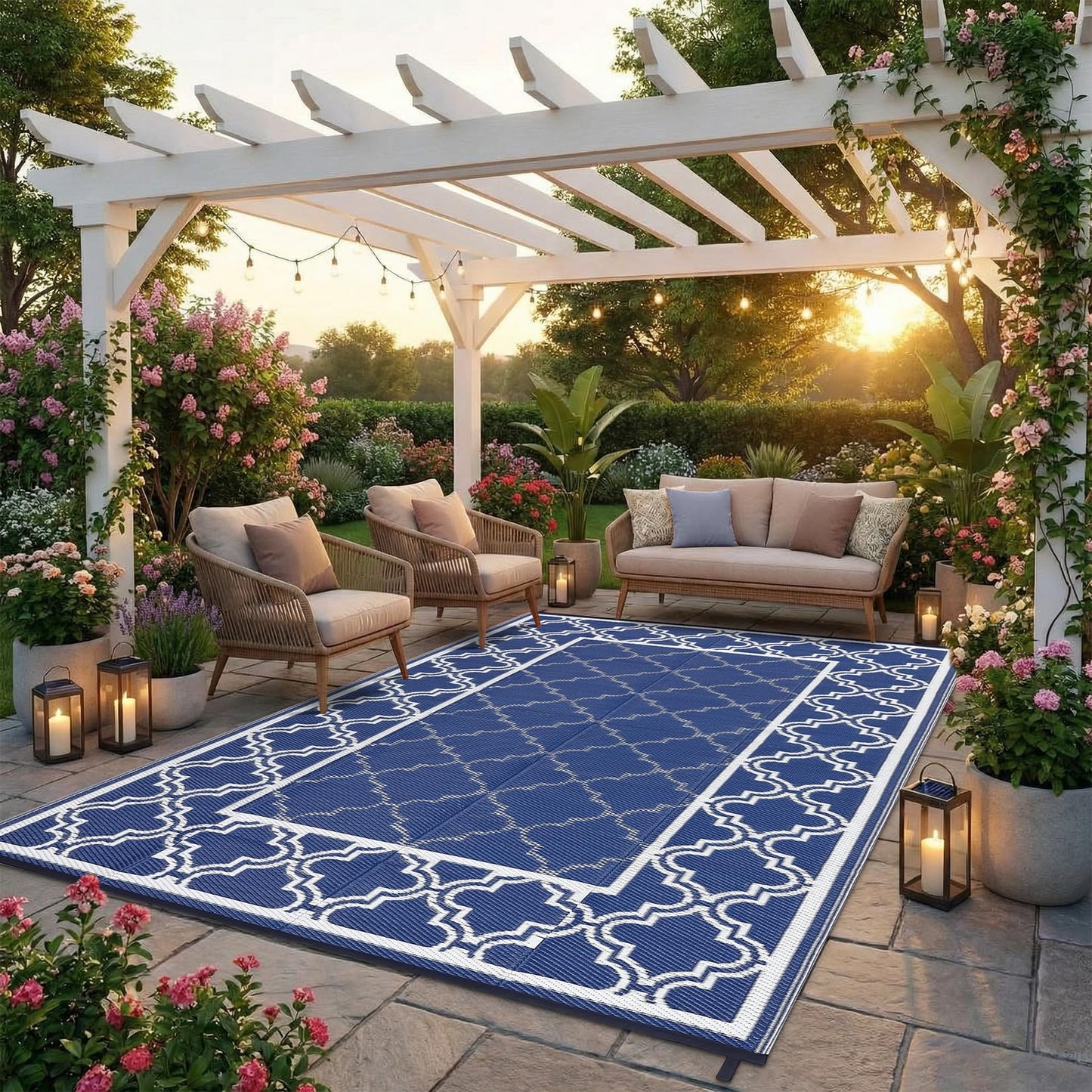 Garvee Reversible Outdoor Rug 5x8, Waterproof Outdoor Plastic Straw Rug with Interlacing Pattern, RV Mat for Picnics, Patio, Camping, Balcony, Deck, Backyard, Porch, Blue
