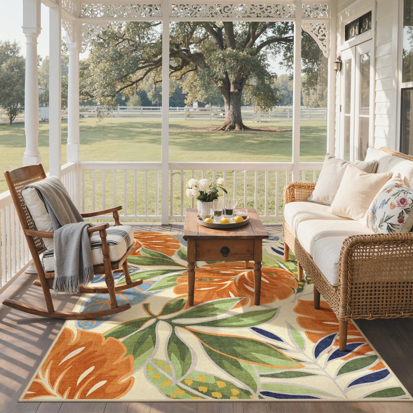 GENIMO Outdoor & Indoor Area Rug 5'x8', Waterproof, Non-Shedding, Easy Cleaning, Leaf Mat for Patio, Living Room, Balcony, Dining Room, RV, Deck, Bedroom, Camping, Outside Carpet, Rust Sage