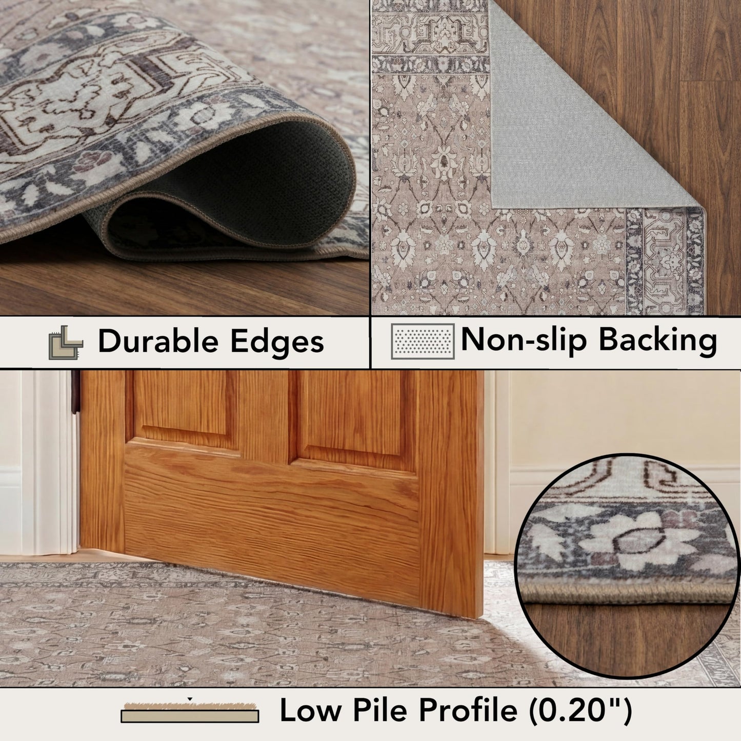 Kuden 5x7 Area Rug, Machine Washable Area Rug with Non-Slip Backing, Vintage Style, Soft, Easy Clean, Low Pile Rug for Living Room, Bedroom, Dining Room