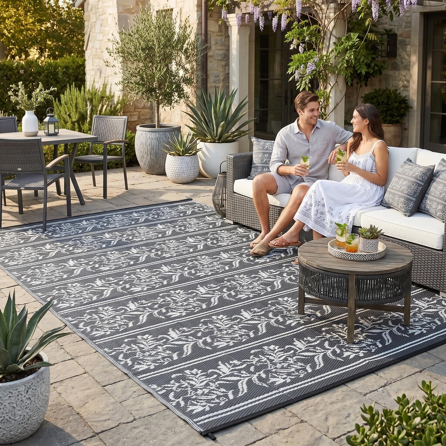 Garvee Outdoor Rugs 5x8 Waterproof Reversible Mat Boho Leaf Patio Rug with 4 Stakes and Starage Bag, Large Outdoor RV Mat Rugs for Camping, Picnic, Balcony, Deck, Backyard, Grey & White