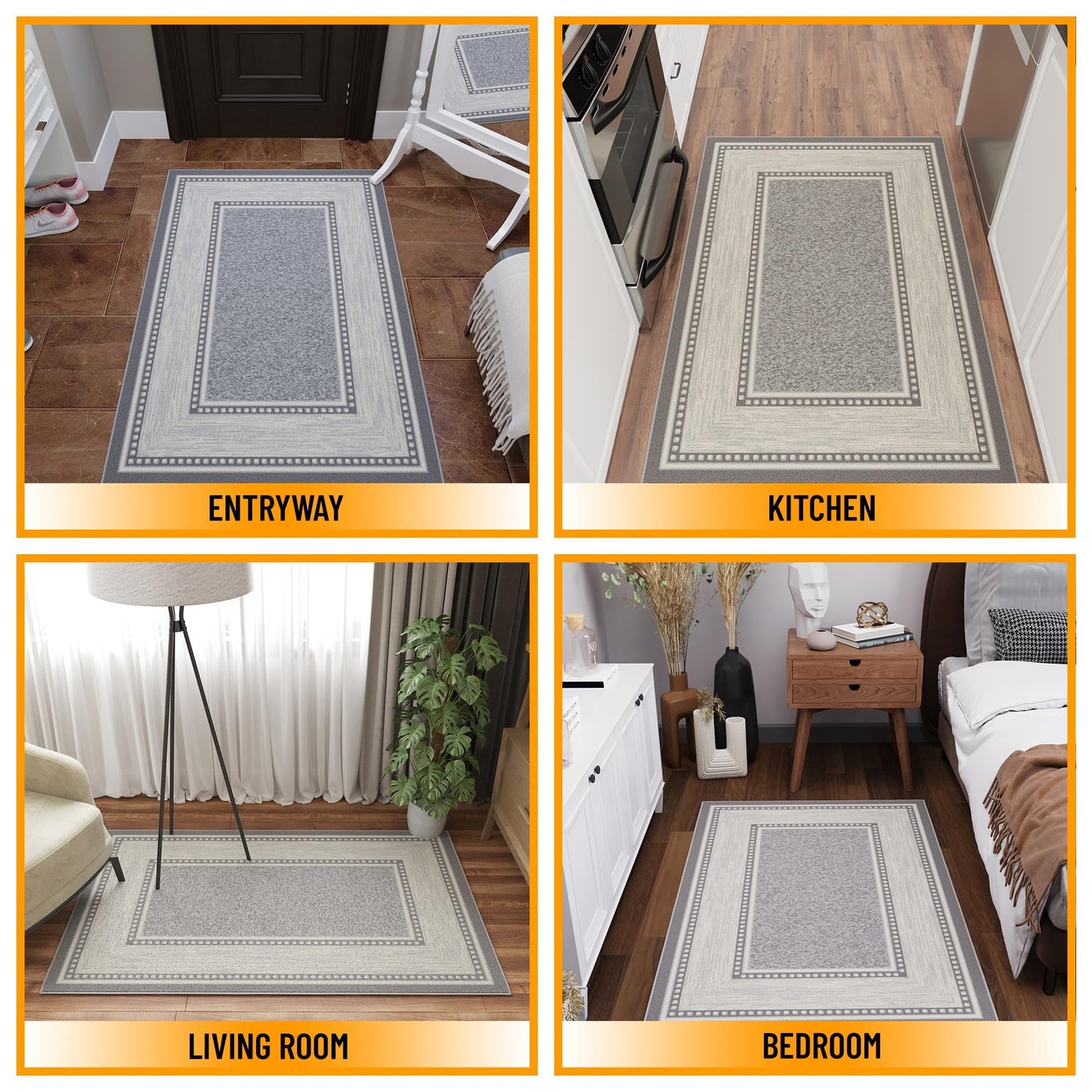 Ottomanson Area Rug 3'3" x 4'7" – Non Slip Rubber Backed Indoor Rug, Low Pile Accent Rug for Living Room, Bedroom, Entryway, Kitchen, Durable Floor Carpet, Border Light Gray