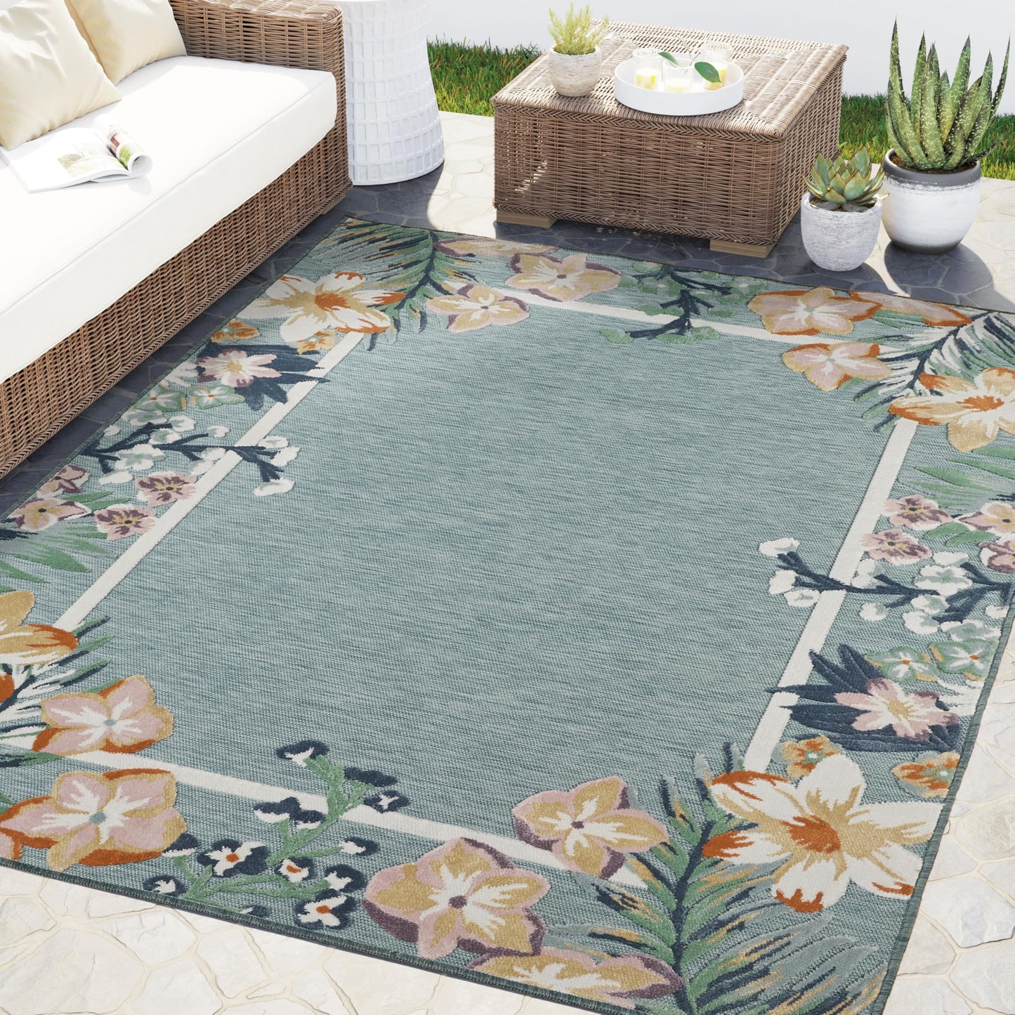 Abani Blue Area Rug – 8' x 10' – Sakura Collection – Floral Border Pattern – Easy to Clean – Durable for Patio, Living Room, or Sunroom, Pet & Child Friendly