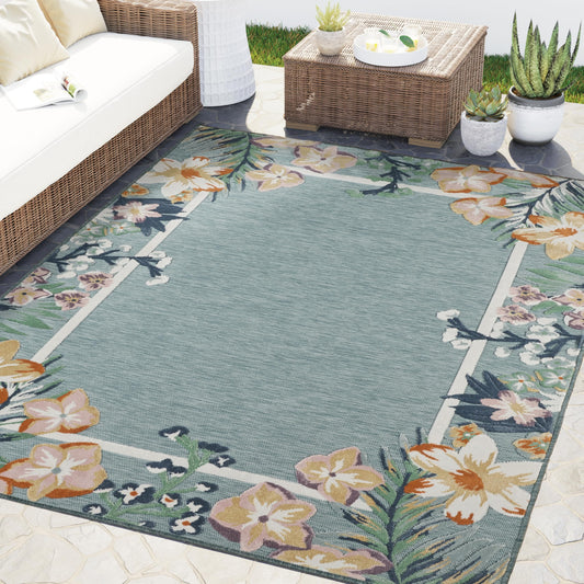 Abani Blue Area Rug – 8' x 10' – Sakura Collection – Floral Border Pattern – Easy to Clean – Durable for Patio, Living Room, or Sunroom, Pet & Child Friendly