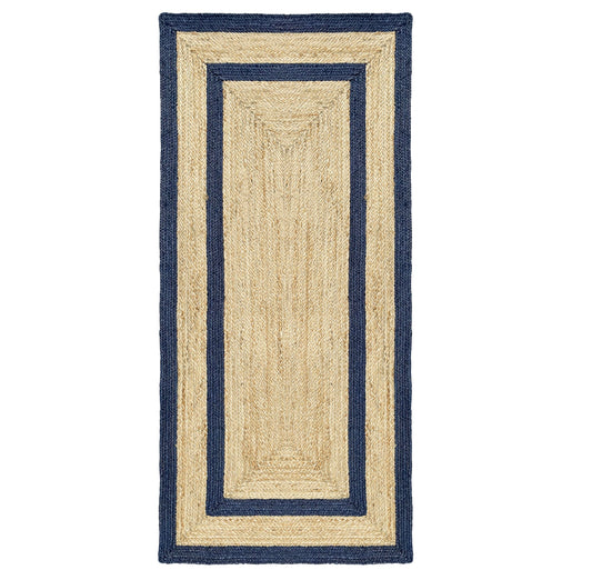 Double Border Jute Runner Rug, Navy, 2'x6' Boho Farmhouse Coastal Décor for Kitchen, Hallway, Entryway