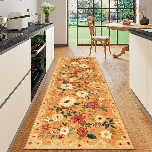 DUKINO 2x6 Runner Rug for Hallway, Washable Kitchen Runner Rug with Non Slip Backing, Low Pile Soft Boho Floral Runner for Kitchen, Hallway, Entryway, Laundry, Bedroom, Orange