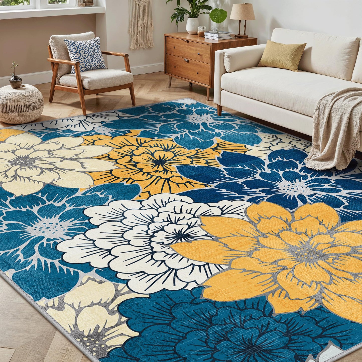 GENIMO Indoor Outdoor Area Rug 8' X 10' Waterproof, Washable Patio Rug Non Shedding, Easy Cleaning Floral Outdoor Carpet for Living Room, Bedroom, Dining Room, Balcony, Backyard, Blue