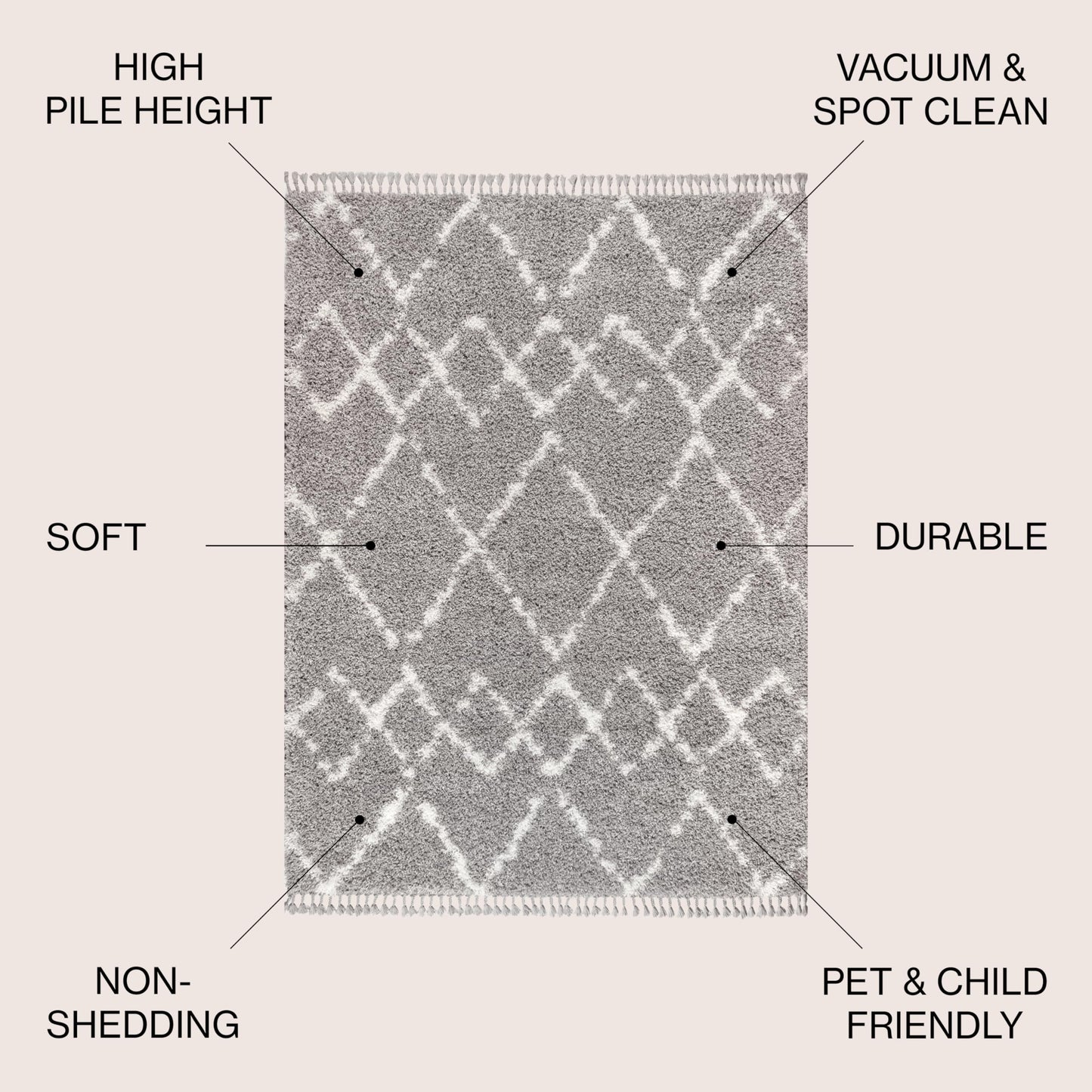 JONATHAN Y Mercer Shag Plush Tassel Gray/Ivory Indoor Area Rug, 3x5, Moroccan Geometric Trellis, Contemporary, Easy-Cleaning for Living Room, Bedroom, Kitchen, Pet Friendly, Non-Shedding (MCR102C-3)