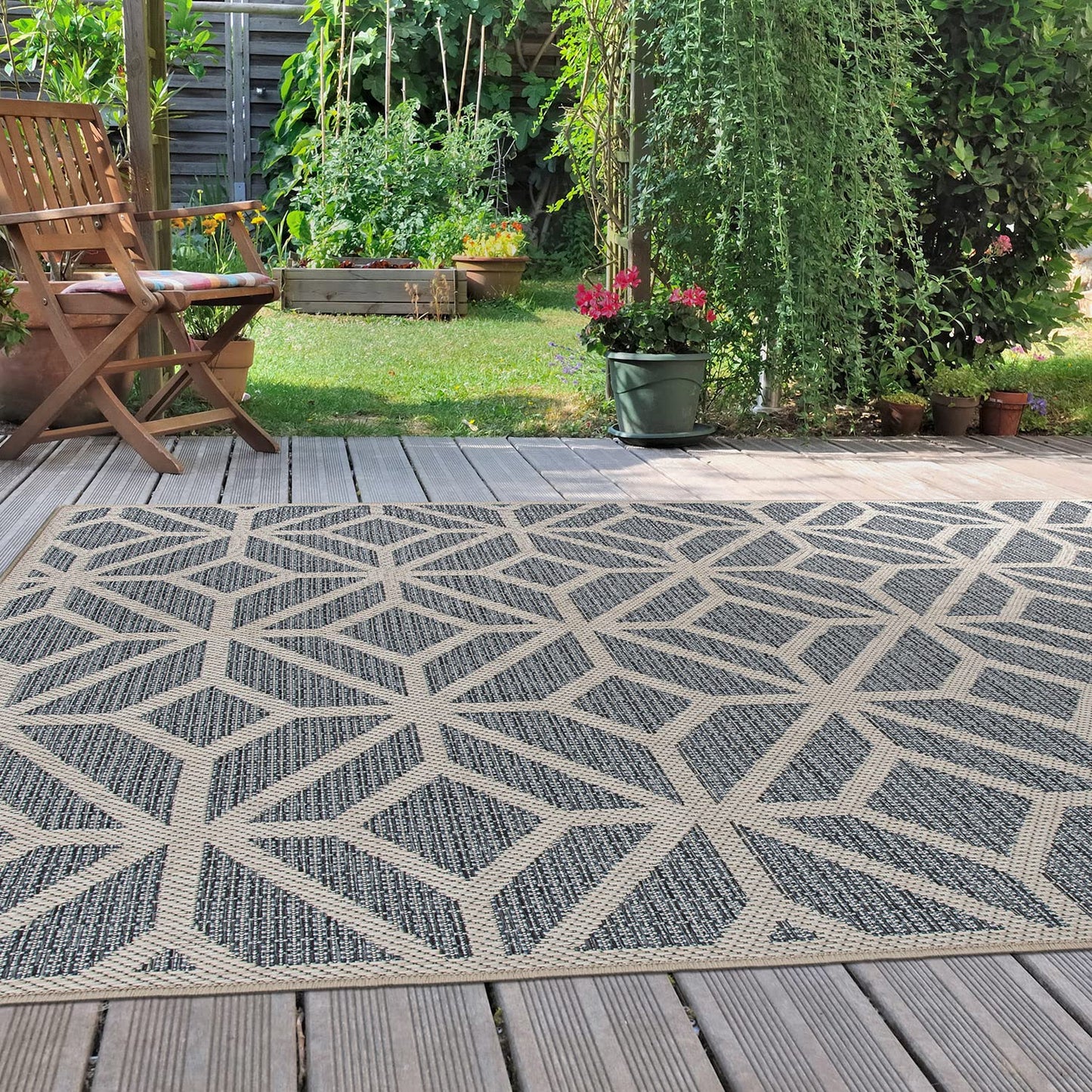 Rugshop Blue Contemporary Geometric Indoor/Outdoor Area Rug — Hose Washable for Living Room, Dining Room and Office, 9' x 12'