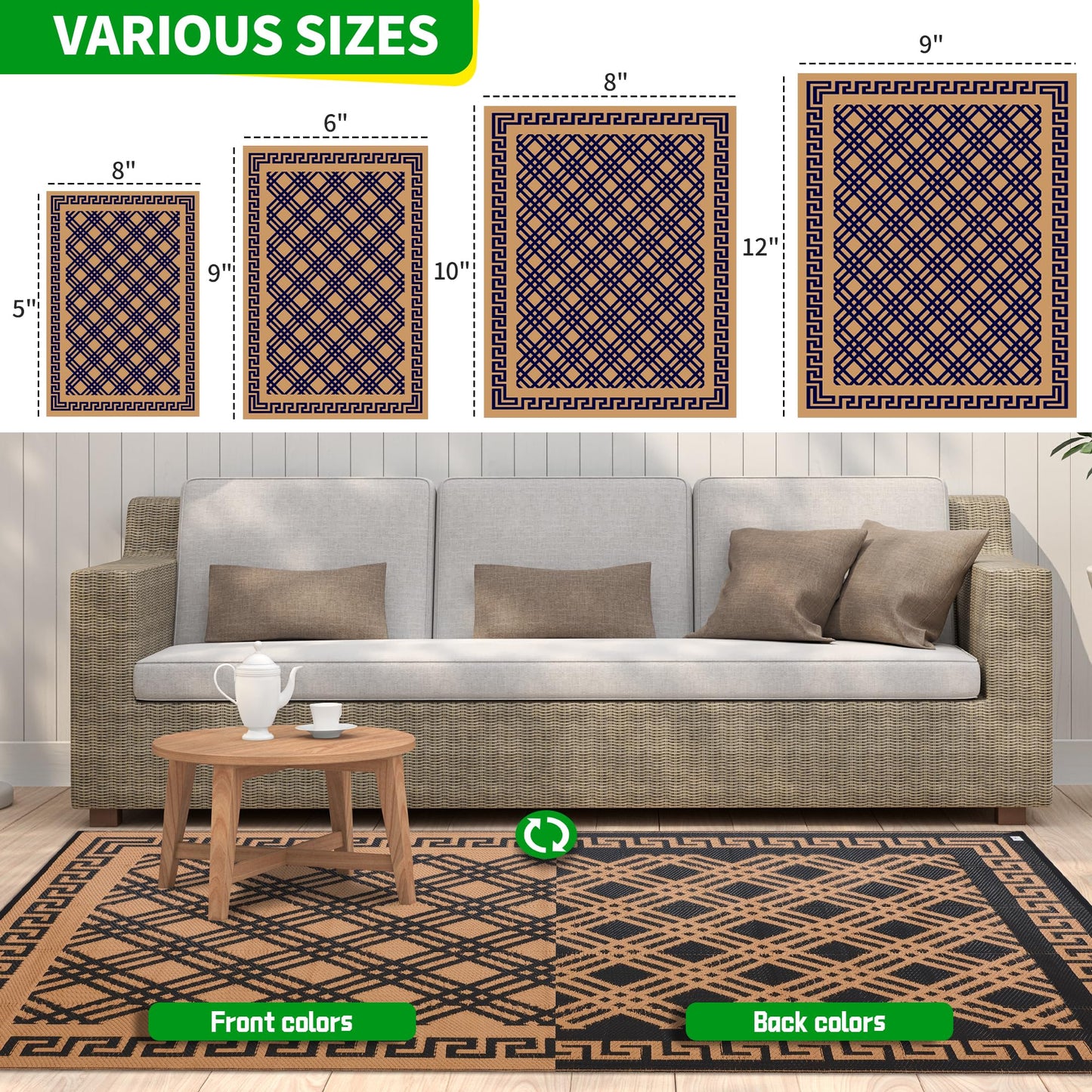 BMCH Outdoor Rugs, Outdoor Plastic Straw Rug, Reversible Waterproof Carpet for Camping, Poolside, Garden, BBQ Area, Gazebo Flooring, RV Park & Beach, Classical Style, 5x8