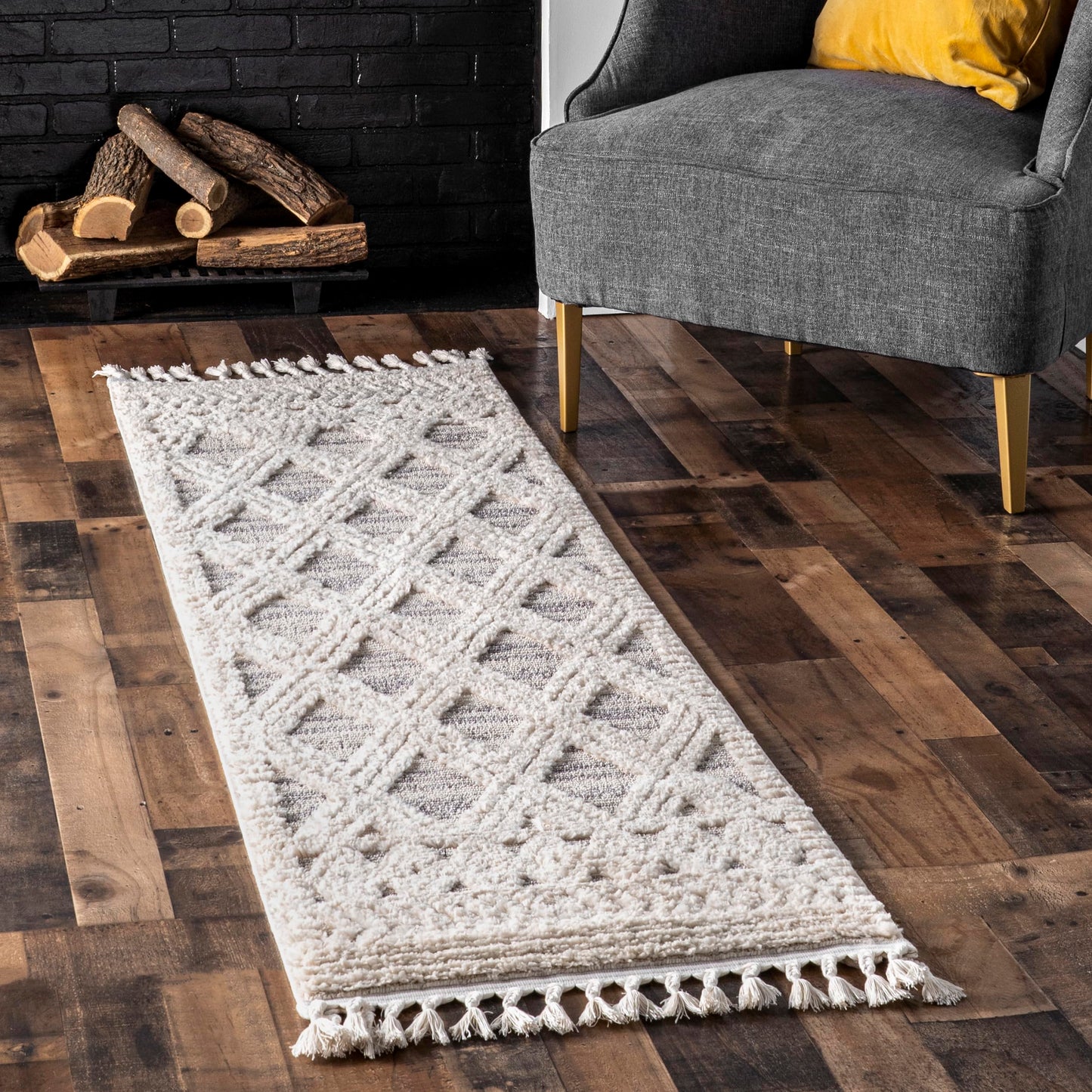 nuLOOM 2'6" x 10' Ansley Moroccan Tassel Area Rug, Light Grey, High-Low Textured Bohemian Design, Plush High Pile, Stain Resistant, For Bedroom, Living Room, Hallway, Entryway