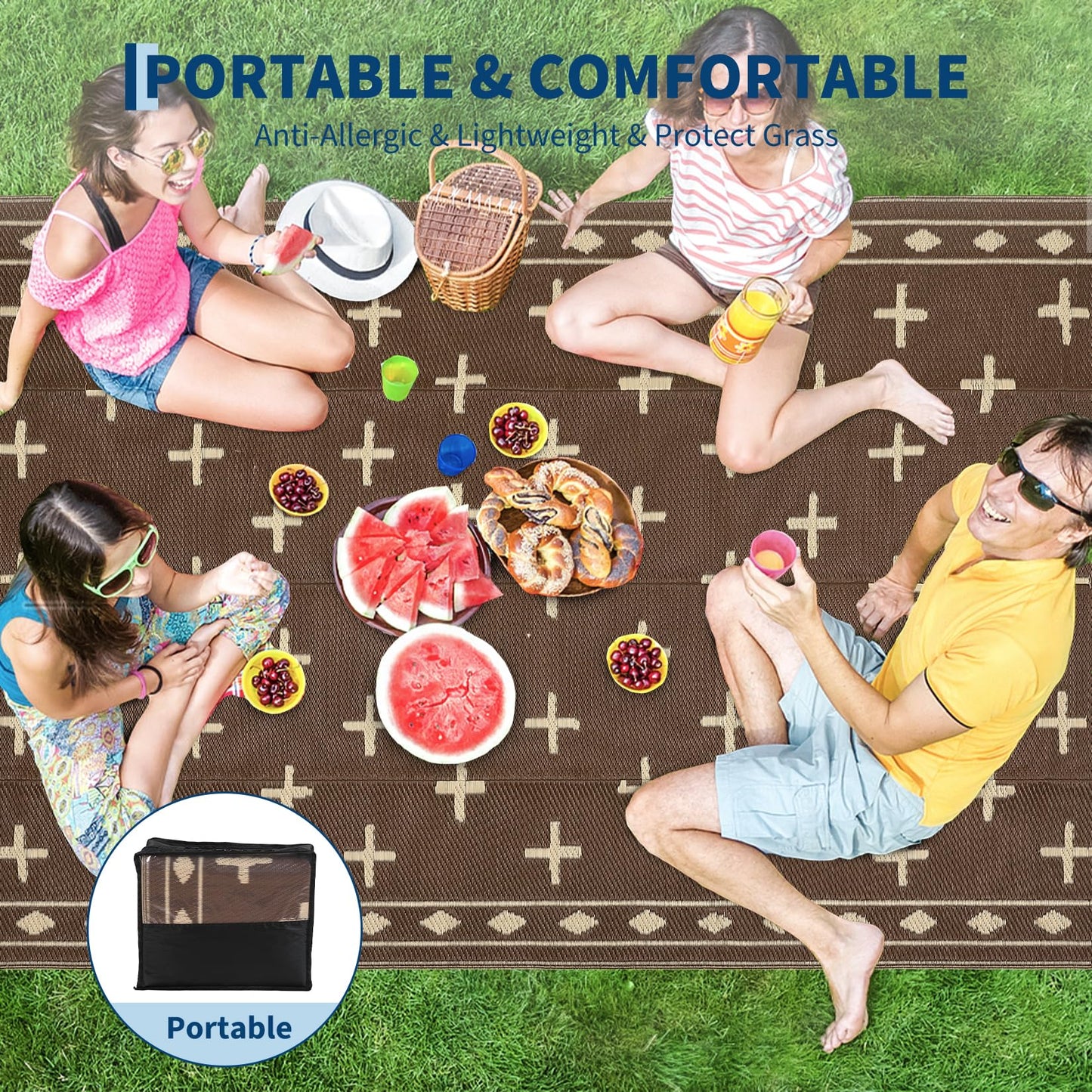 GarveeHome 8'x10' Outdoor Camping Rug – Waterproof, Sand-Free & Foldable – Portable RV Mat for Patio, Beach, Picnic – Reversible Plastic Floor Mat with Carry Bag, UV Resistant, Brown