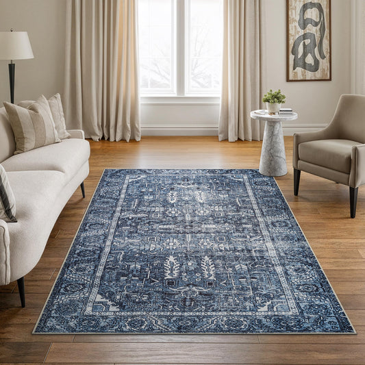 Bloom Rugs Washable Non-Slip 4' x 6' Rug - Blue Traditional Area Rug for Living Room, Bedroom, Dining Room, and Kitchen - Exact Size: 4' x 6'