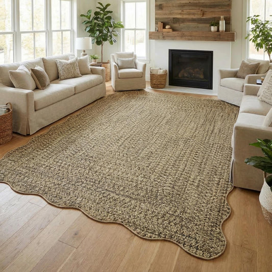 MilleLoom Scalloped Braided Print Washable Rug 8x10 Area Rugs for Living Room Soft Bedroom Rug Stain-Resistant Rustic Foldable Mat Non Slip Low Pile Carpet for Dining Nursery Cottage Office Natural