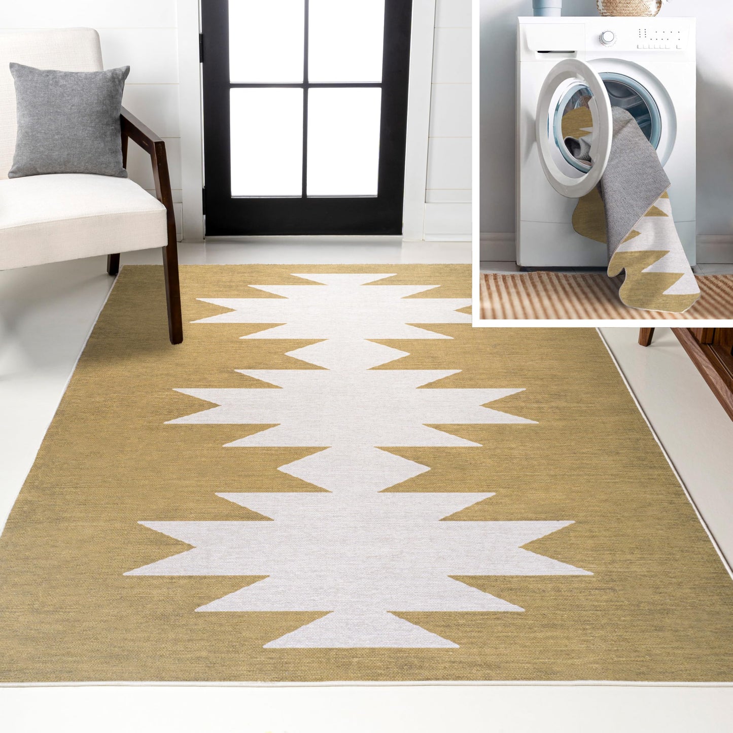 JONATHAN Y Machine Washable Moss/Cream Indoor Area Rug 3X5 ft, Chayton Minimalist Geometric for Living Room, Bedroom, Kitchen, Office, Easy-Cleaning, Pet-Friendly, Non-Shedding WSH110B-3