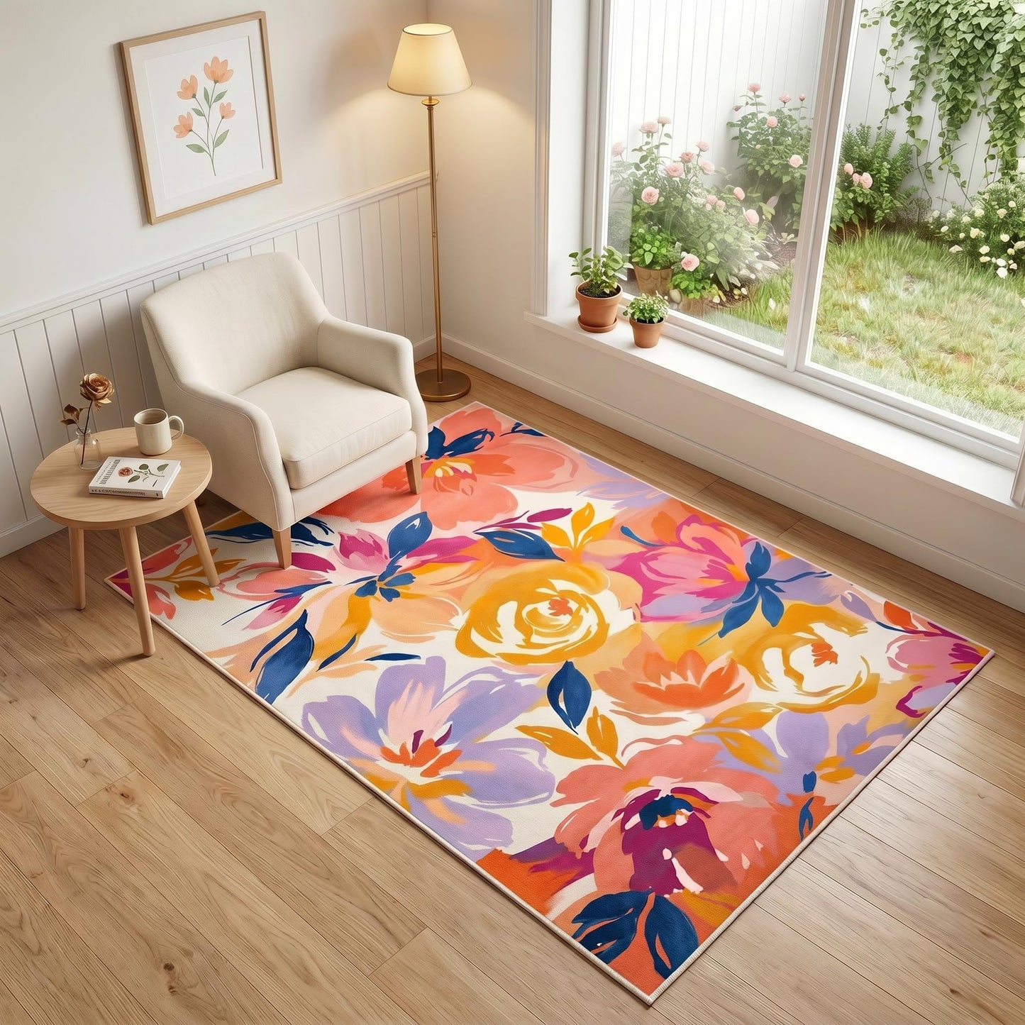 GraceSway 3x5 Washable Area Rug, Colorful Watercolor Floral Botanical Rug, Ultra Soft Faux Cashmere Low Pile Accent Carpet, Non Slip Foldable Pet Friendly Mat for Bedroom, Living Room, Girls Nursery