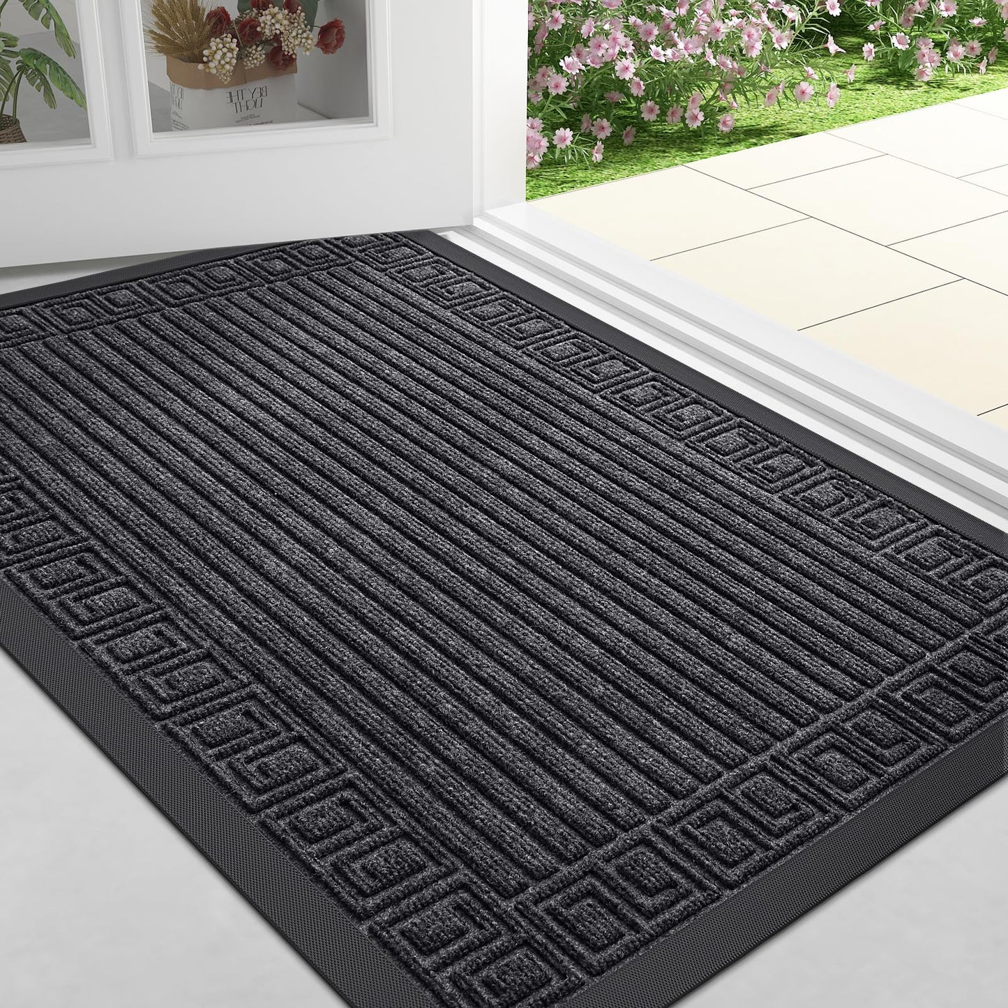 Finchitty Front Door Mat Outdoor Entrance, Heavy Duty Sturdy Rubber Doormat, Stain and Fade Resistant, Easy to Clean, Low Profile Indoor Outdoor Mat for Entryway and Patio, 47x32, Grey