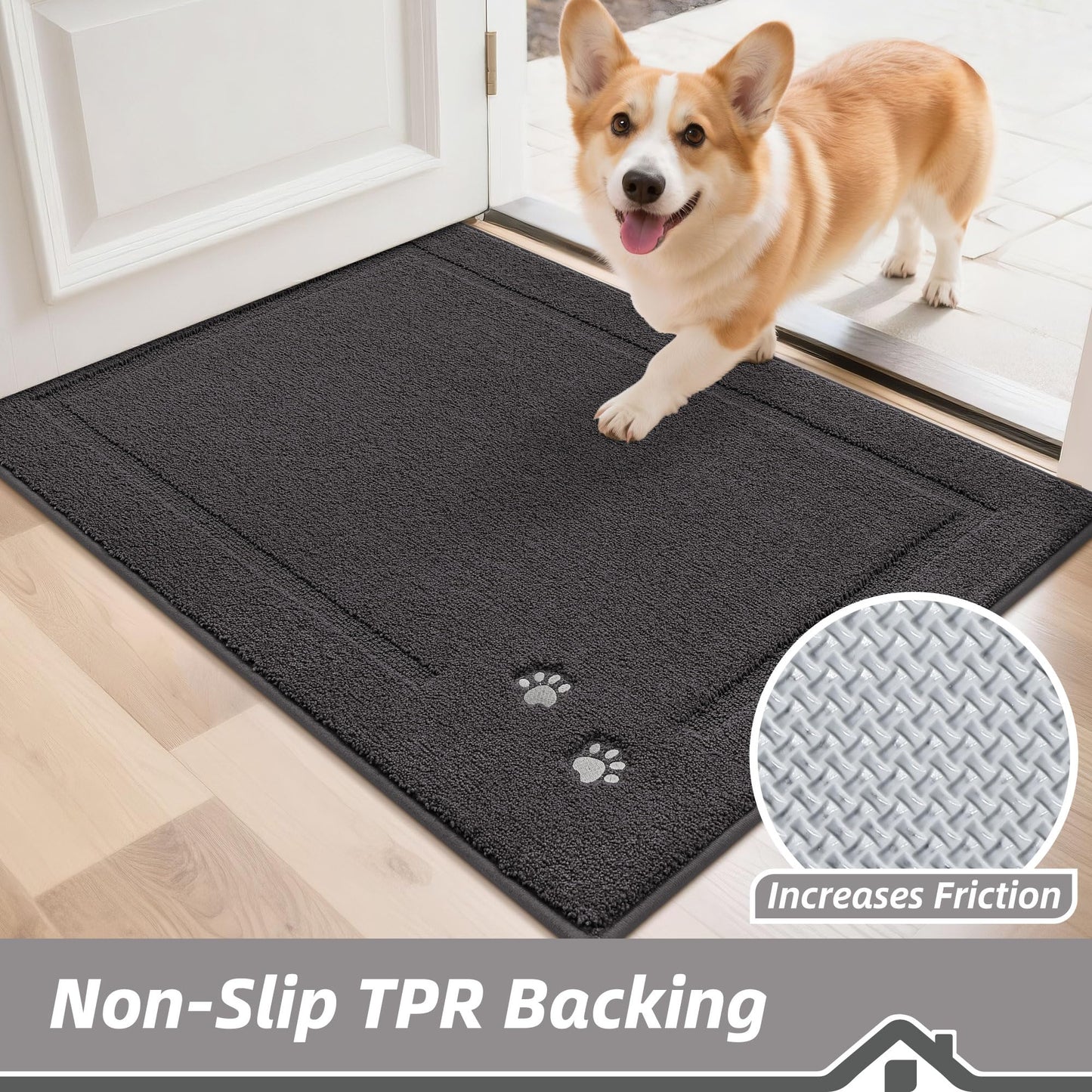 BEQHAUSE Dog Door Mat for Mud Paws Dirt Trapper Doormat Non-Slip Entryway Rugs Absorbent Welcome Mat Washable Indoor Floor Mat Low-Profile for Front Door, 20" x 32", Dark Grey