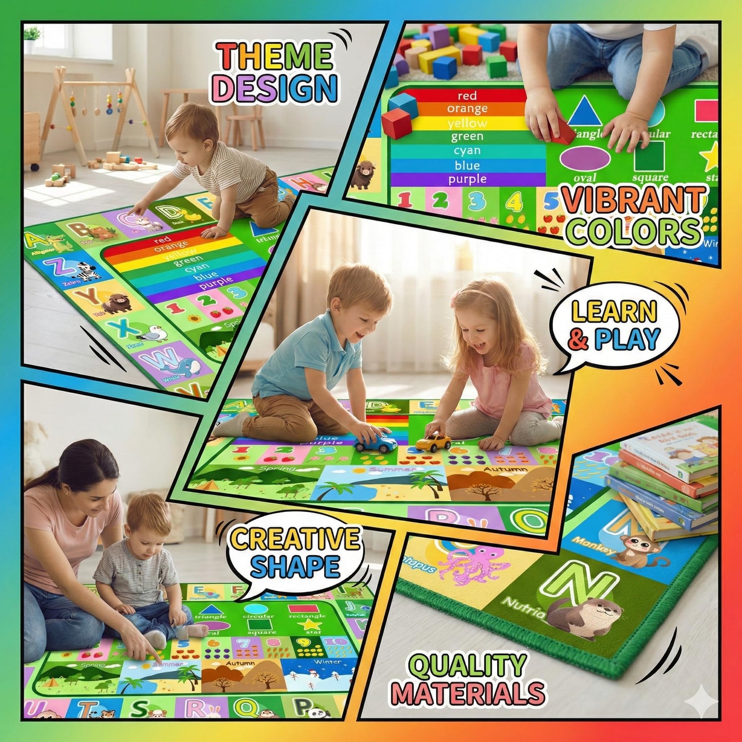 OGPJKEQR 3x5ft Kids Educational Rug, Non-Slip Machine Washable ABC Alphabet Mat & Learning Carpet for Playroom Bedroom, Nursery Floor Play Mat with Numbers, Animals & Seasons, Preschool Classroom Rugs