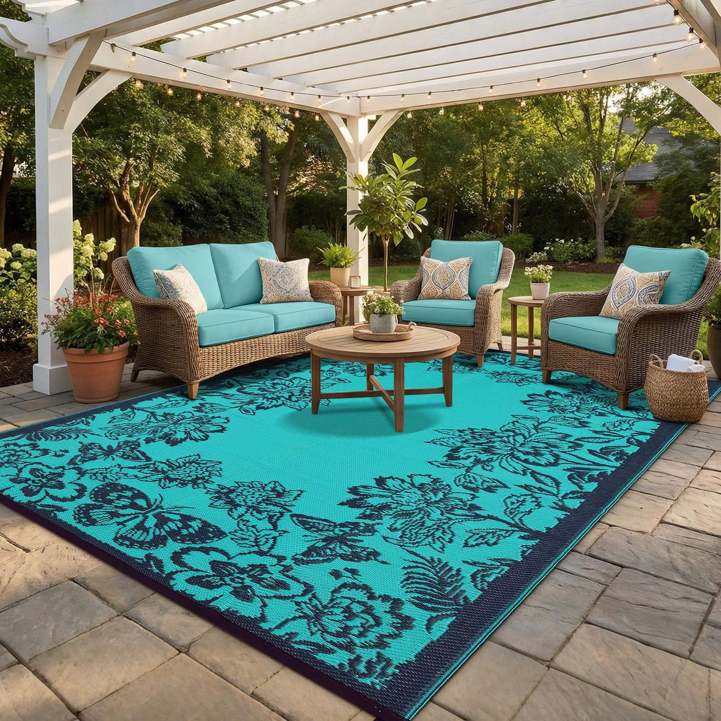 GarveeHome Outdoor Rug 9x12 Patio Waterproof, Reversible Plastic Straw Rugs for Camping, Picnic, Balcony, Porch, RV, Easy-Clean & Quick Dry Floral Pattern Large Indoor Outdoor Carpet, Teal